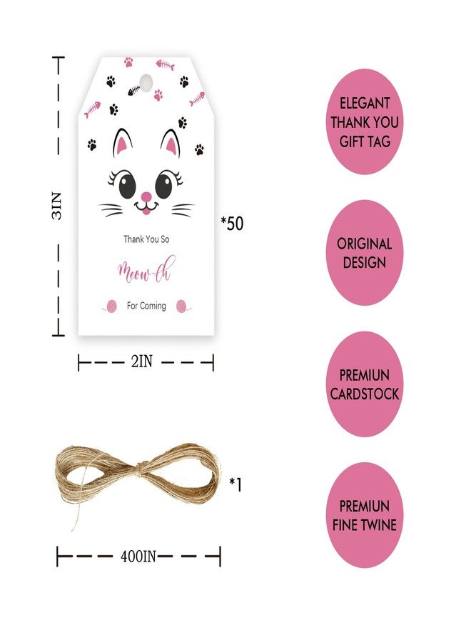 FORSHEEP 50pcs Cat Thank You Tags, Kitty Gift Tag with String for Birthday Party, Thank You Paper Tags for Girl Birthday/Pet Cat Themed Gender Reveal Party Favors - Image 2